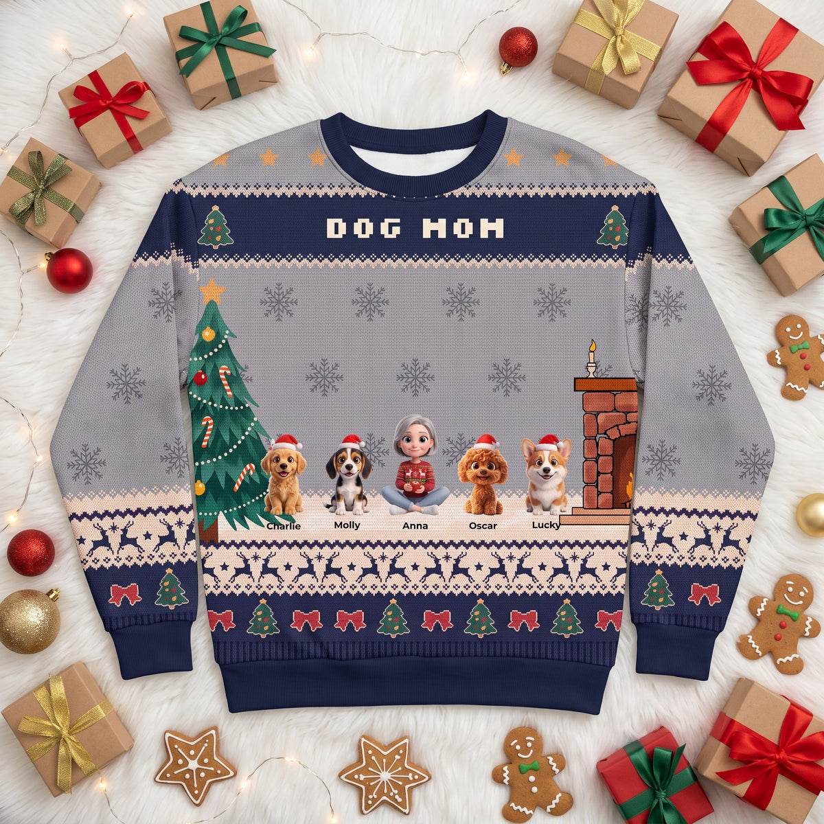 Maglione Dog Mom grigio con 4 cani